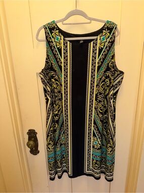 Alfani Black Sheath Dress with Teal and Yellow Print